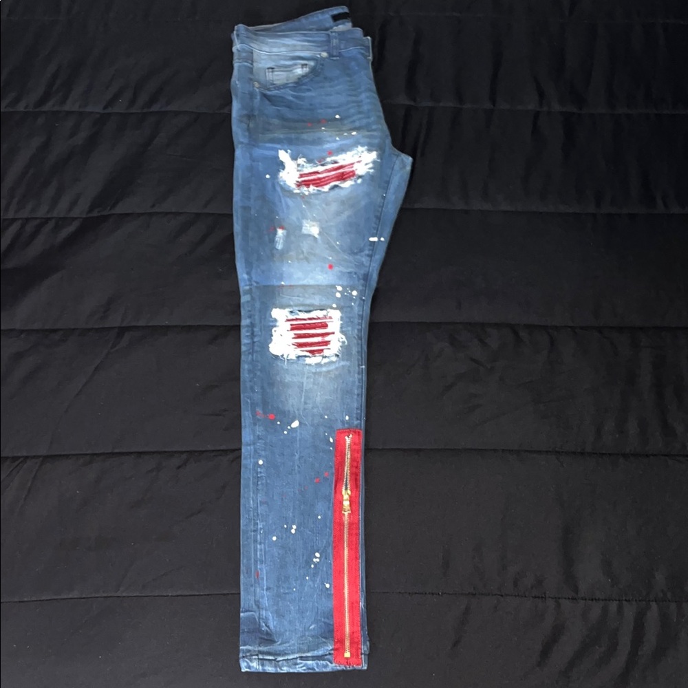 Men's Blue Distressed Skinny Jeans with Red Details